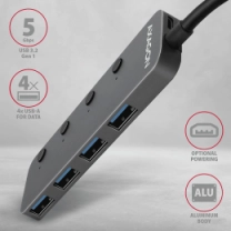 Хаб AXAGON HUE-MSA SuperSpeed USB-A SWITCH hub w. функція зарядки, USB-A кабель 20см, Сірий