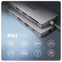 Хаб концентратор AXAGON HMC-8HLSA USB-C 5Гбіт/с 9in1 hub, Сірий