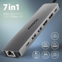 Хаб концентратор AXAGON HMC-7HX2 USB-C 5Гбіт/с DUAL 4K DISPLAY 7in1 hub, Сірий