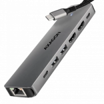 Хаб концентратор AXAGON HMC-7HX2 USB-C 5Гбіт/с DUAL 4K DISPLAY 7in1 hub, Сірий