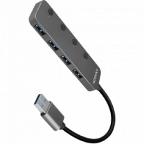 Хаб AXAGON HUE-MSA SuperSpeed USB-A SWITCH hub w. функція зарядки, USB-A кабель 20см, Сірий