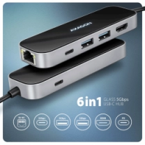 Хаб концентратор AXAGON HMC-6GLN USB-C 5Гбіт/с GLASS 6in1 hub, Чорний/Сірий