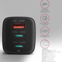 Сетевое зарядное устройство AXAGON ACU-DPQ65, 3x port (USB + dual USB-C), PD3.0/QC4+/PPS/Apple, 65W,