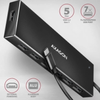Хаб AXAGON HUE-F7C SuperSpeed USB-C FLAT CHARGING hub, кабель 30см USB-C, Чорний