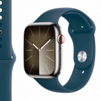 Apple Watch Series 9 45mm GPS + Cellular Silver Stainless Steel Case with Storm Blue Sport Band - M/L (MRMP3)