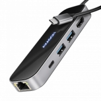 Хаб концентратор AXAGON HMC-6GLN USB-C 5Гбіт/с GLASS 6in1 hub, Чорний/Сірий