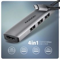 Хаб концентратор AXAGON HMC-H3A USB-C 5Гбіт/с STARTER 4in1 hub, Сірий