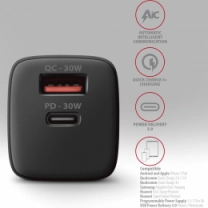 Сетевое зарядное устройство AXAGON ACU-PQ30, QC3.0,4.0/AFC/FCP/PPS/Apple + PD type-C, 30W, Черный