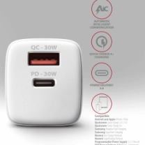 Сетевое зарядное устройство AXAGON ACU-PQ30W, QC3.0,4.0/AFC/FCP/PPS/Apple + PD type-C, 30W, Белый